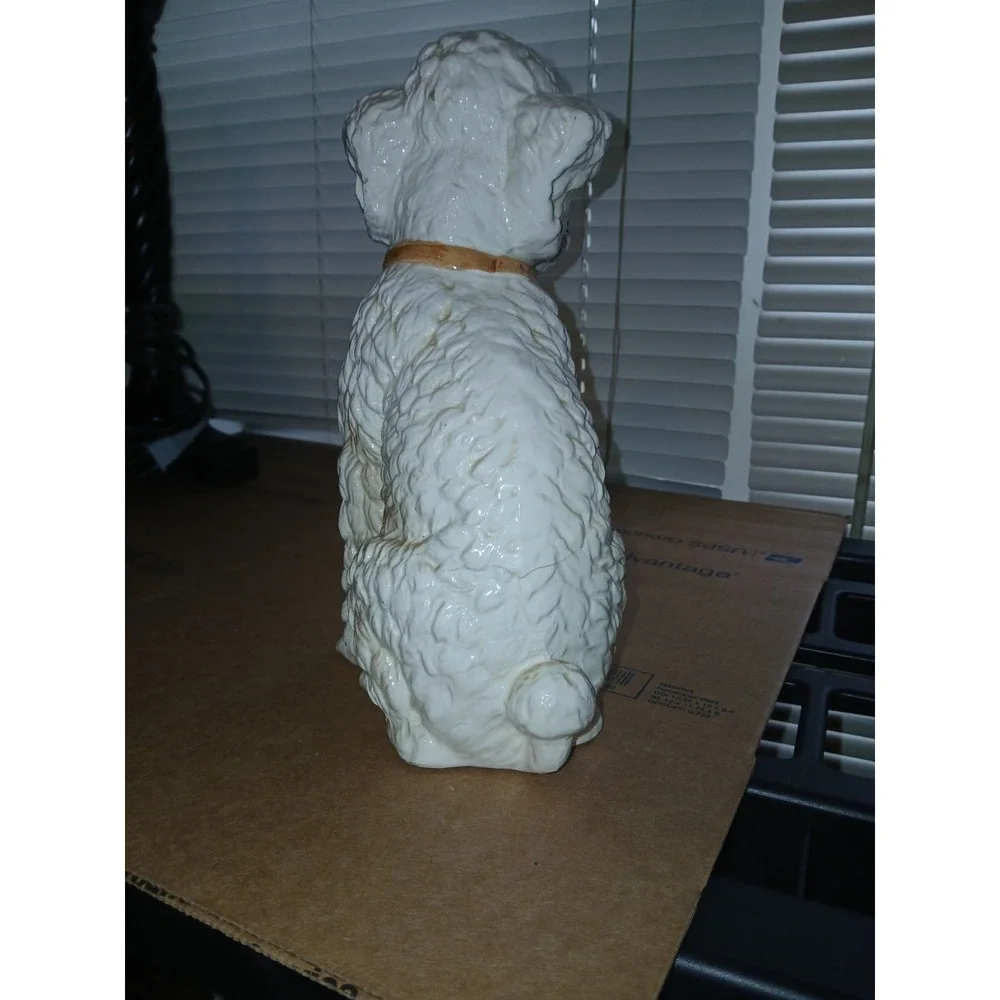 White Ceramic Poodle Dog Figurine Statue with Brown Collar, Dog Breed Poodle